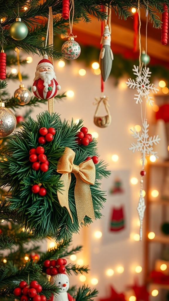 A collection of DIY Christmas decorations: ornaments, wreath, and snowflakes in a festive setting.